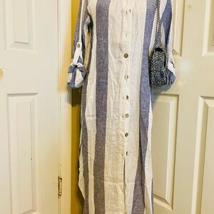 Blue Island White and Blue Long Sleeve Mandarin Collar Dress